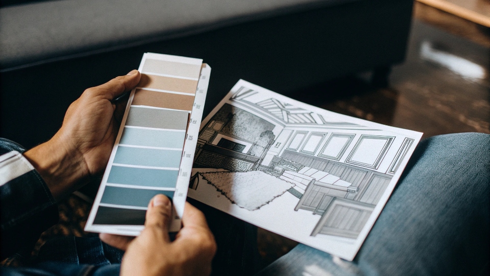 Reviewing Plated Hardware Samples A designer's hand holding a few sample buttons, comparing them to a Pantone color swatch and a design drawing