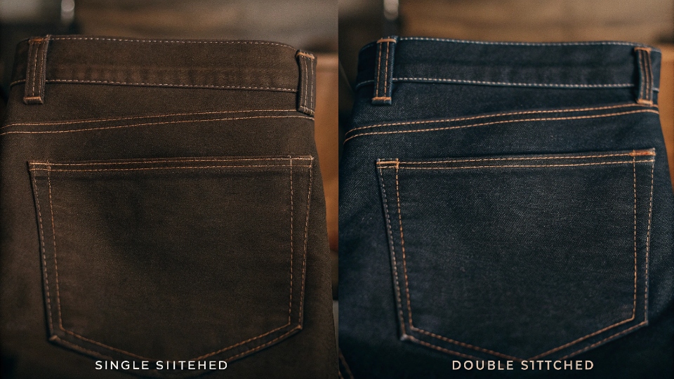 Single vs. Double-Stitched Jean Pockets A side-by-side comparison of a single-stitched and a double-stitched jeans back pocket