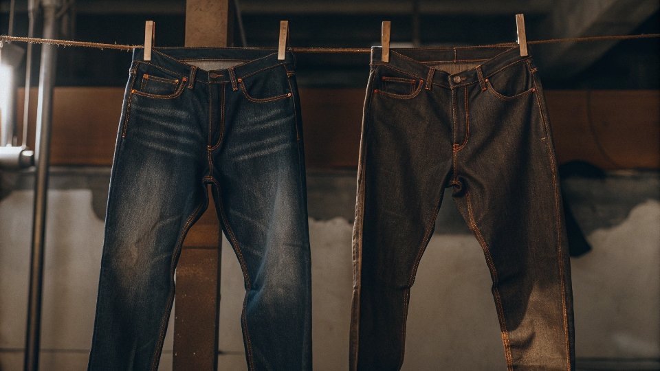 Rinse Wash Treatment for Easier Break-In A pair of rigid jeans hanging to dry, feeling softer but still looking dark and unwashed
