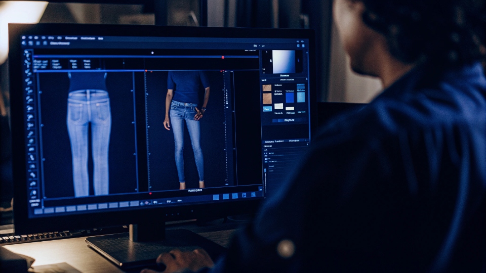 Virtual Jean Design and Fit Session A designer on a Zoom call, looking at a split screen showing a live fit model and a 3D CLO model of the same jeans.