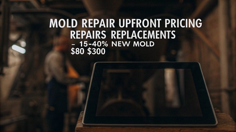 Transparent Pricing for Mold Repair A quote on a tablet screen showing line items for mold repair, with a factory background.