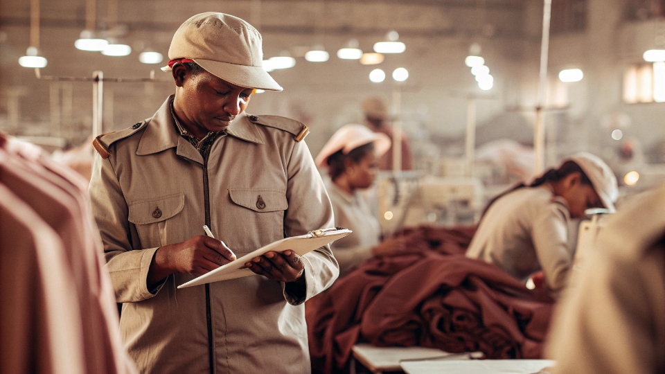 Vetting and Monitoring Subcontractor Quality Control A DiZNEW quality inspector in uniform, using a checklist to examine a garment at a partner facility.