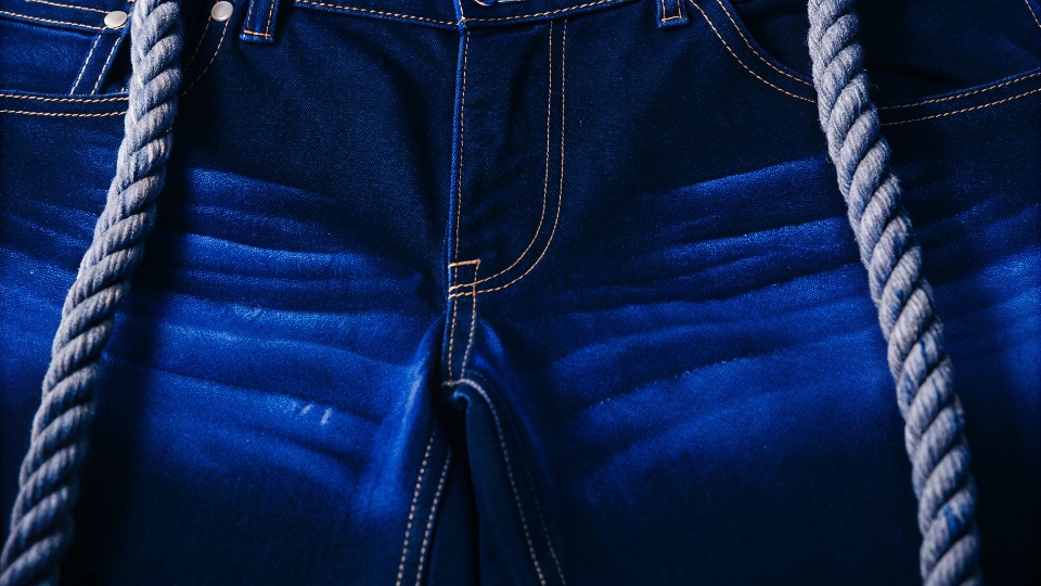 Close-up of denim jeans with a color gradient effect