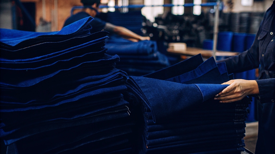 A designer reviewing denim color swatches at a factory