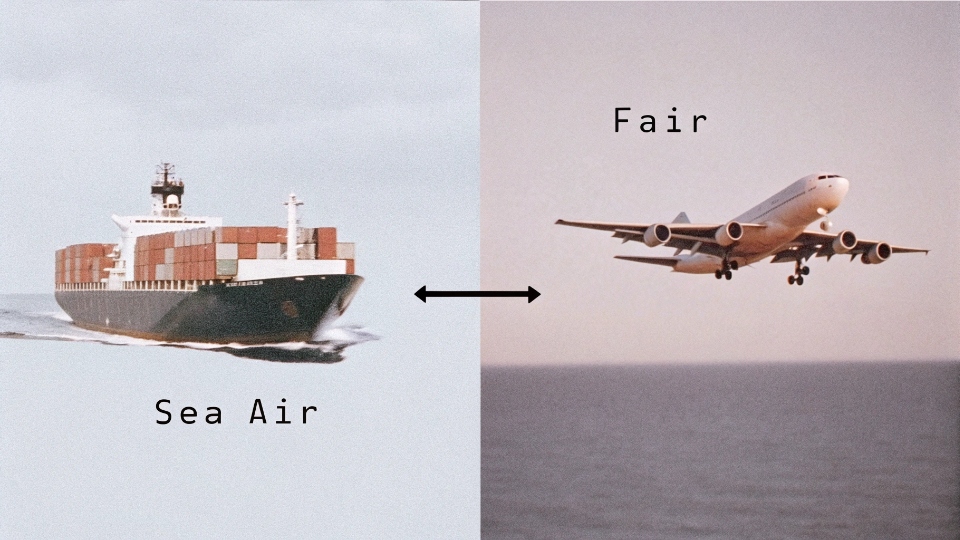 A container ship and a cargo plane representing sea and air freight options