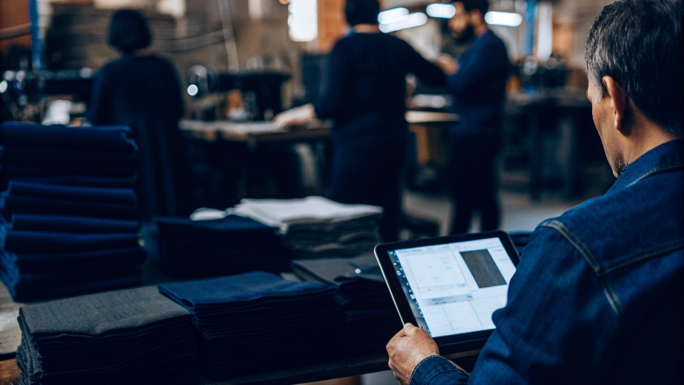A manager reviewing production data on a tablet inside a denim factory