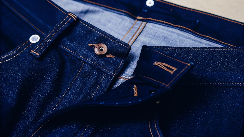 Best Quality Jeans Details A close-up shot of the intricate stitching and high-quality selvedge denim of a premium pair of jeans.