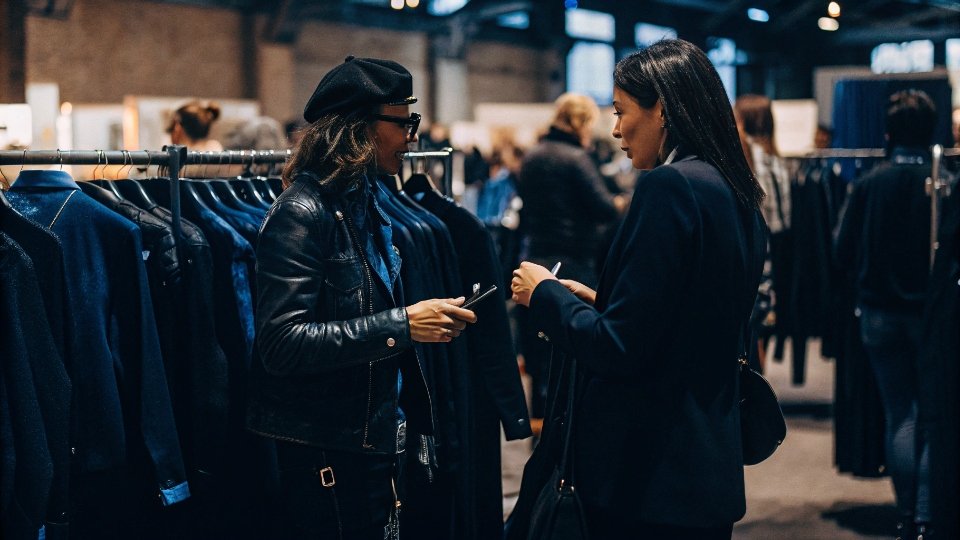 How Boutiques Source Their Clothing Stock A boutique owner at a fashion trade show, speaking with a brand representative at their booth.