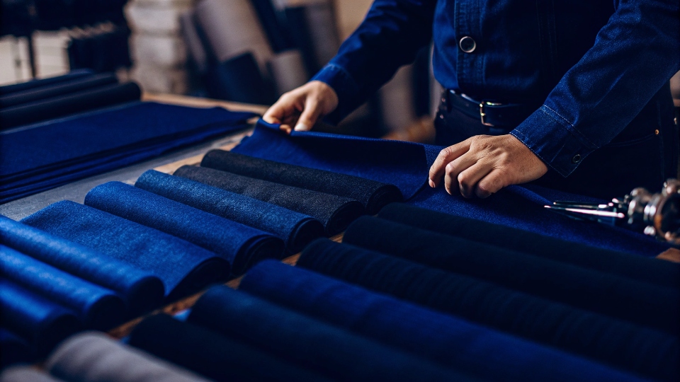 Maintaining Consistency Across Factories A quality control expert comparing fabric swatches from different rolls under a light to ensure color consistency.