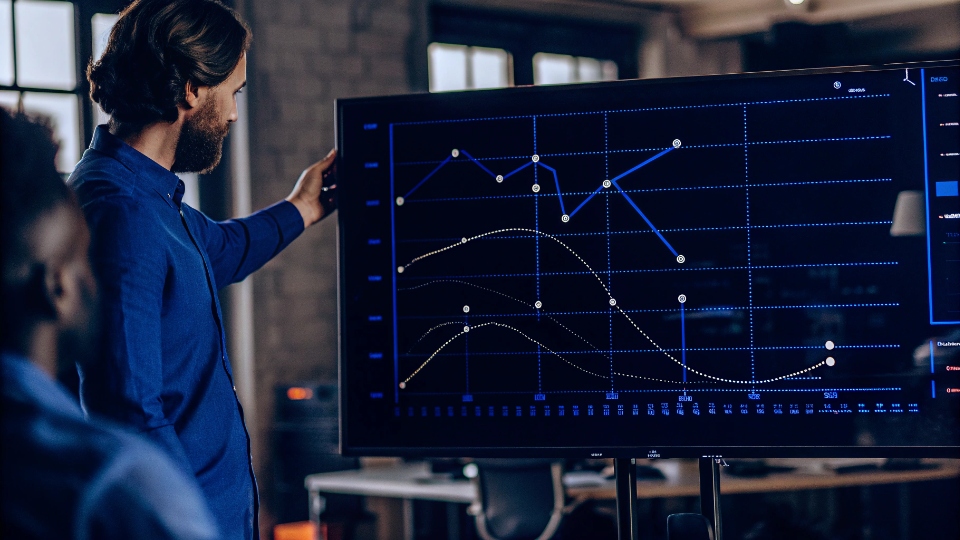 Strategic Volume Forecasting for Custom Jeans A designer looking at a complex chart showing supply chain and demand curves for jeans.