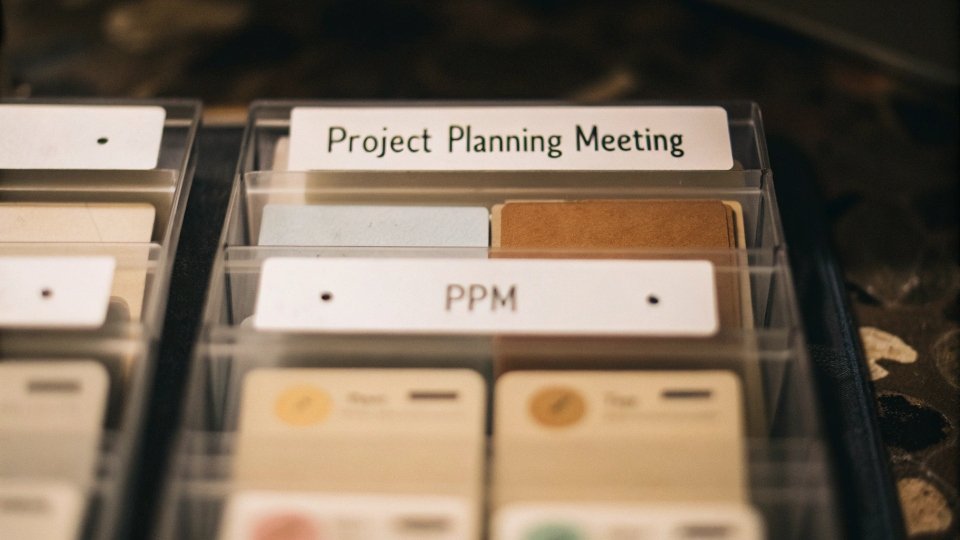 Tracking PPM Action Items in a Project Management System A screenshot of a project management tool like Trello or Asana showing cards with tasks, assignees, and due dates.