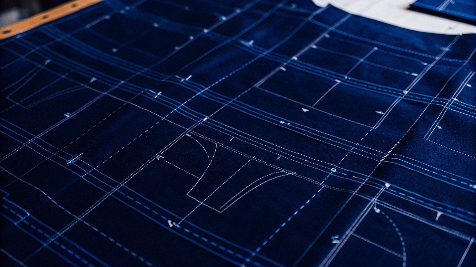 Expert Jeans Pattern Grading A close-up of a paper pattern for jeans showing complex grading lines for different sizes.