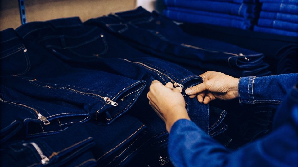 How to Identify Bad Quality Denim A person closely inspecting the stitching and zipper on a pair of jeans in a store.