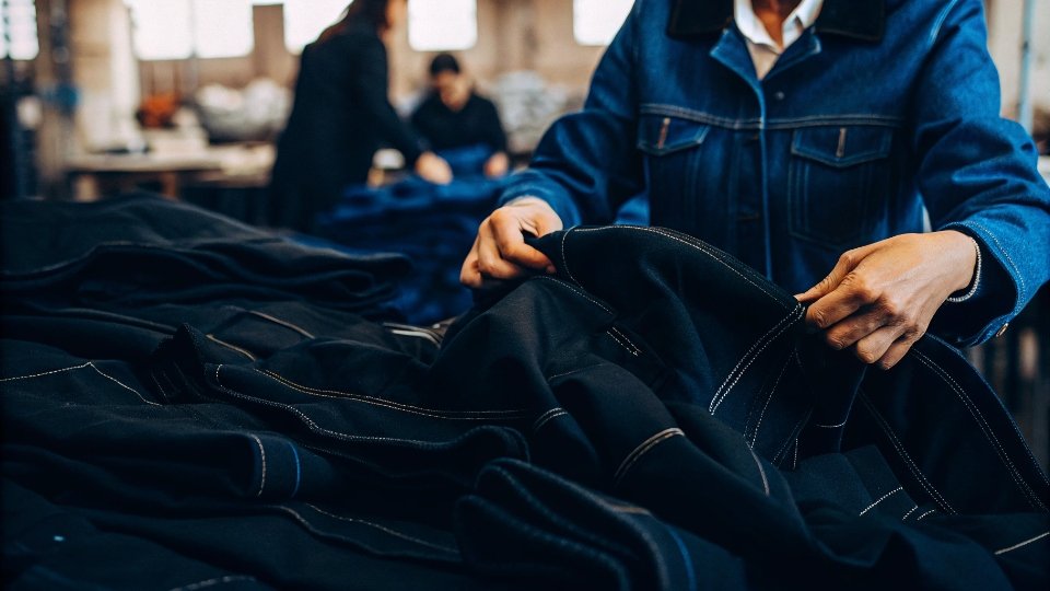Vetting a Clothing Manufacturer A person inspecting a sample garment from a manufacturer, checking the fabric and stitching quality.