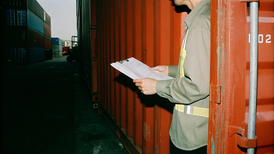 A customs officer inspecting a shipping container with official documents
