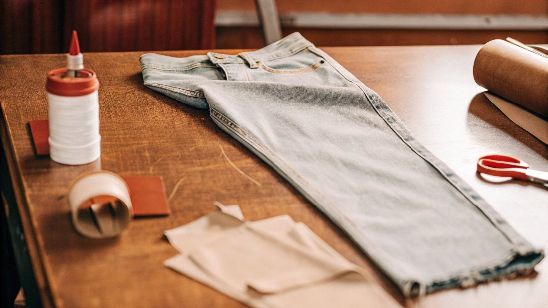 No-Sew Methods for Jean Alteration A workspace showing fabric glue, iron-on adhesive tape, and a pair of jeans being modified.