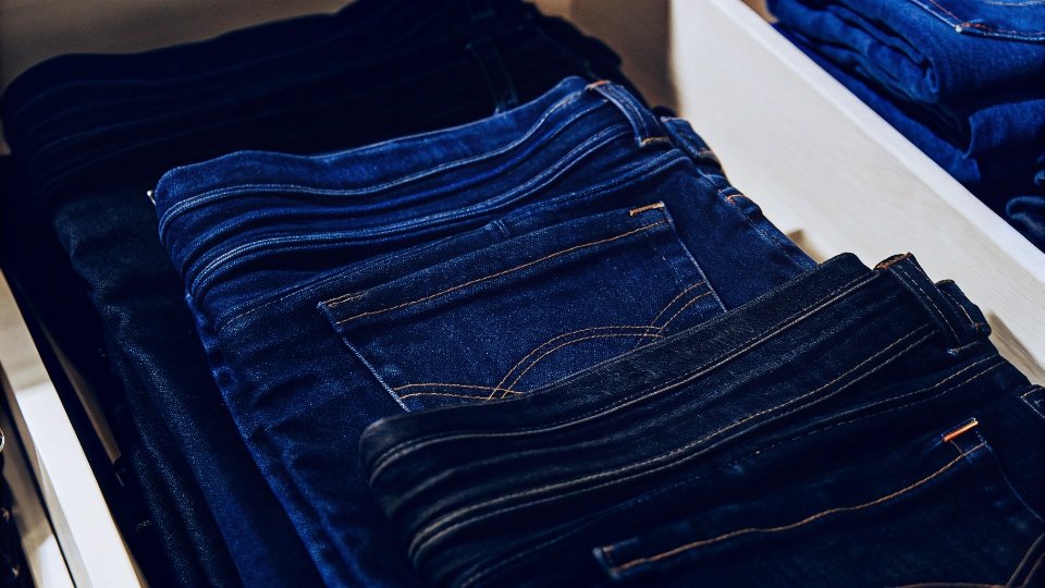 How Long Should Jeans Last with Proper Care A closet with several pairs of jeans neatly folded, showing the concept of rotating wear.