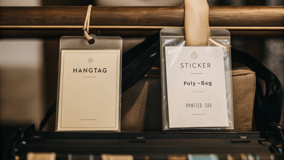 Low MOQ Co-Branded Packaging Solutions A collection of co-branded packaging items: a hangtag, a sticker on a poly-bag, and a small printed card.