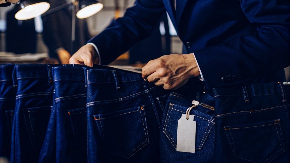 Formally Confirming Sample Acceptance A designer carefully signing a tag attached to a perfect-looking sample pair of jeans.