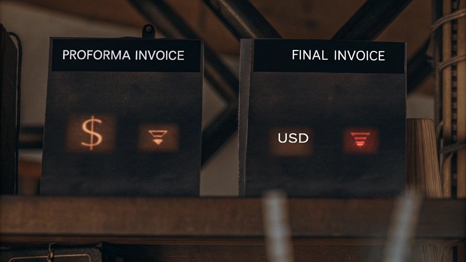 Consistent Invoicing Despite Mid-Order Rate Shifts A side-by-side comparison of a Proforma Invoice and a Final Invoice, both showing the identical USD total amount.