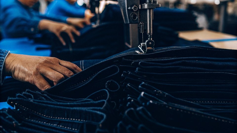 Time to Sew a Garment in a Factory A close-up of a worker's hands guiding denim through a sewing machine.