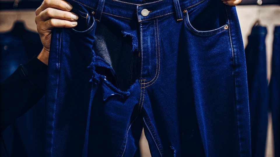 When to Throw Away Old Jeans A pair of jeans with a massive, un-repairable hole in the seat, held up to the light.