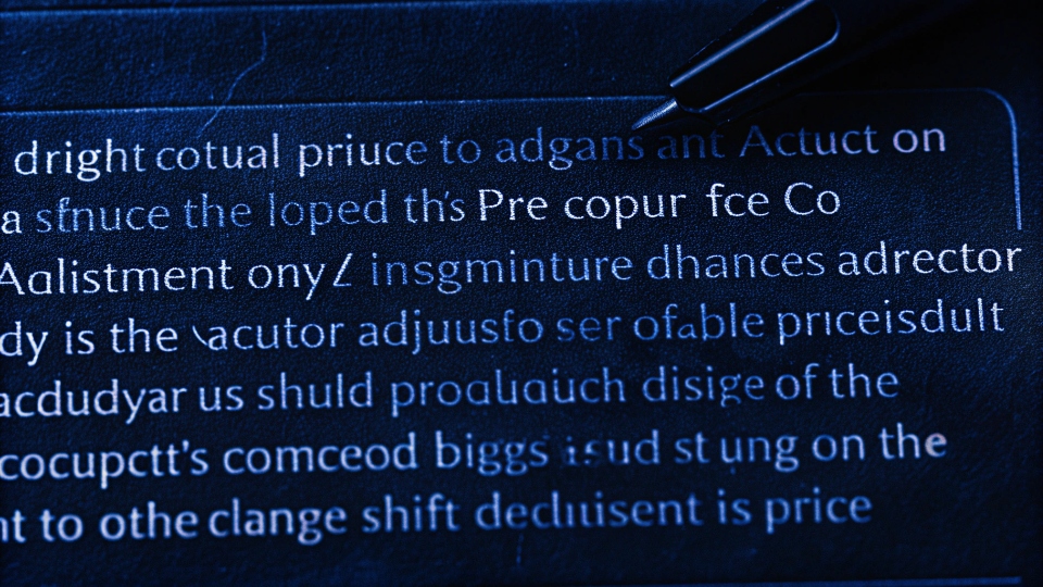 Price Adjustment Triggers in Manufacturing Contracts A contract document with a clause on 'Price Adjustments' highlighted.