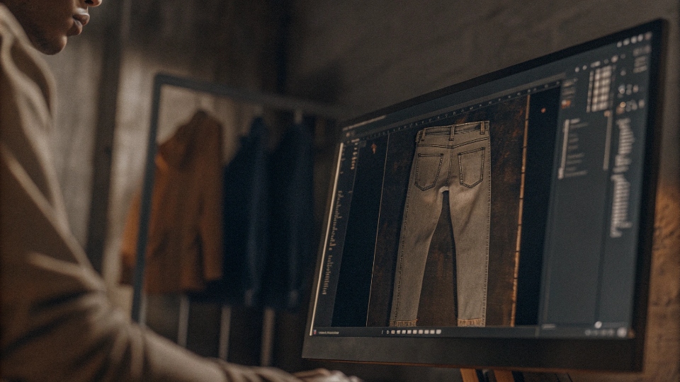 Virtual Sampling for Custom Jeans Design A designer at a computer interacting with a 3D model of a pair of jeans, showing a futuristic and efficient design process.