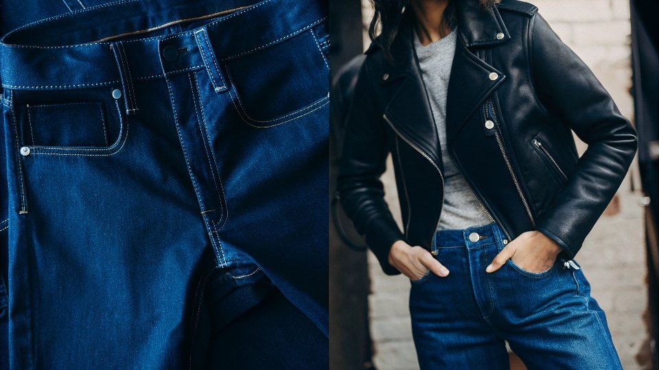 Leather vs. Denim Fabric Comparison A split image showing a classic blue denim jean on one side and a black leather jacket on the other.