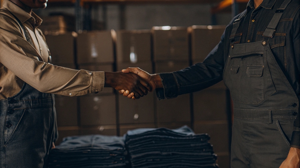 Post-Shipment Support and Partnership for Jeans Manufacturing A factory manager and a client shaking hands in front of a warehouse, with boxes of shipped jeans in the background.