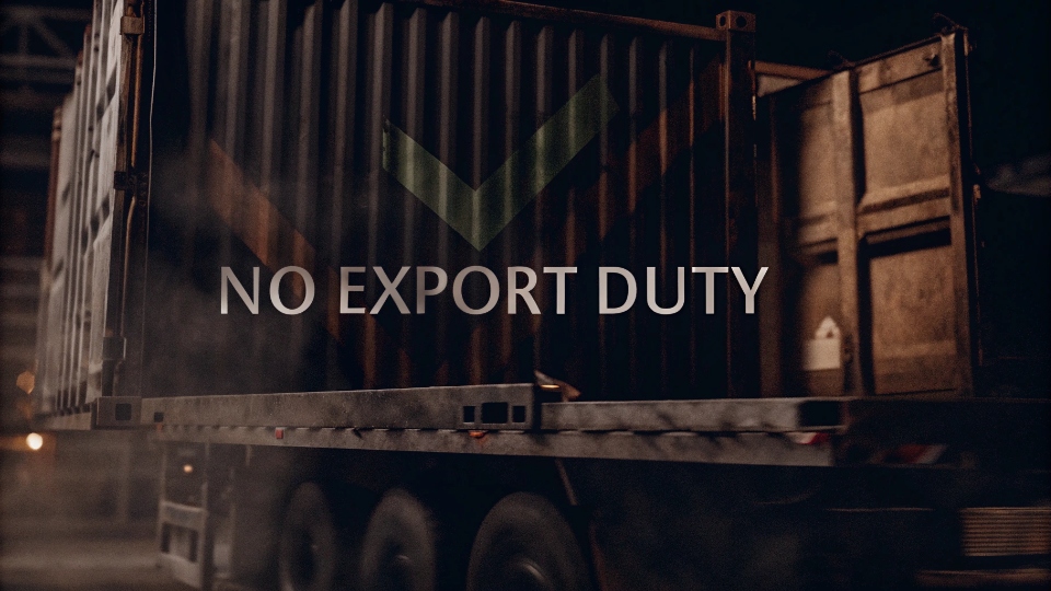 Duty-Free Export for Denim Products A shipping container being loaded onto a cargo ship, with a large green checkmark symbol indicating "No Export Duty".