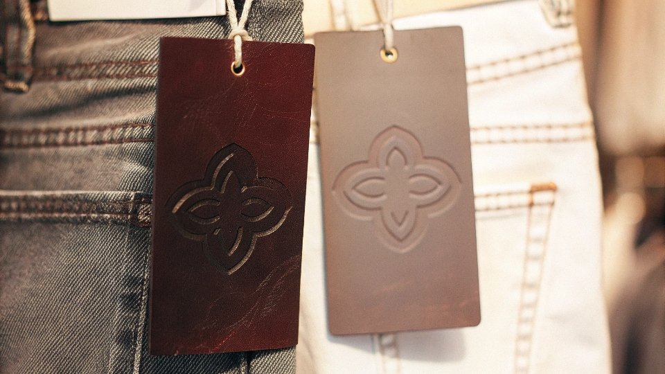 Co-Branded Jeans Labels and Packaging Two different brand hangtags hanging together on a pair of high-quality jeans, symbolizing a collaboration.