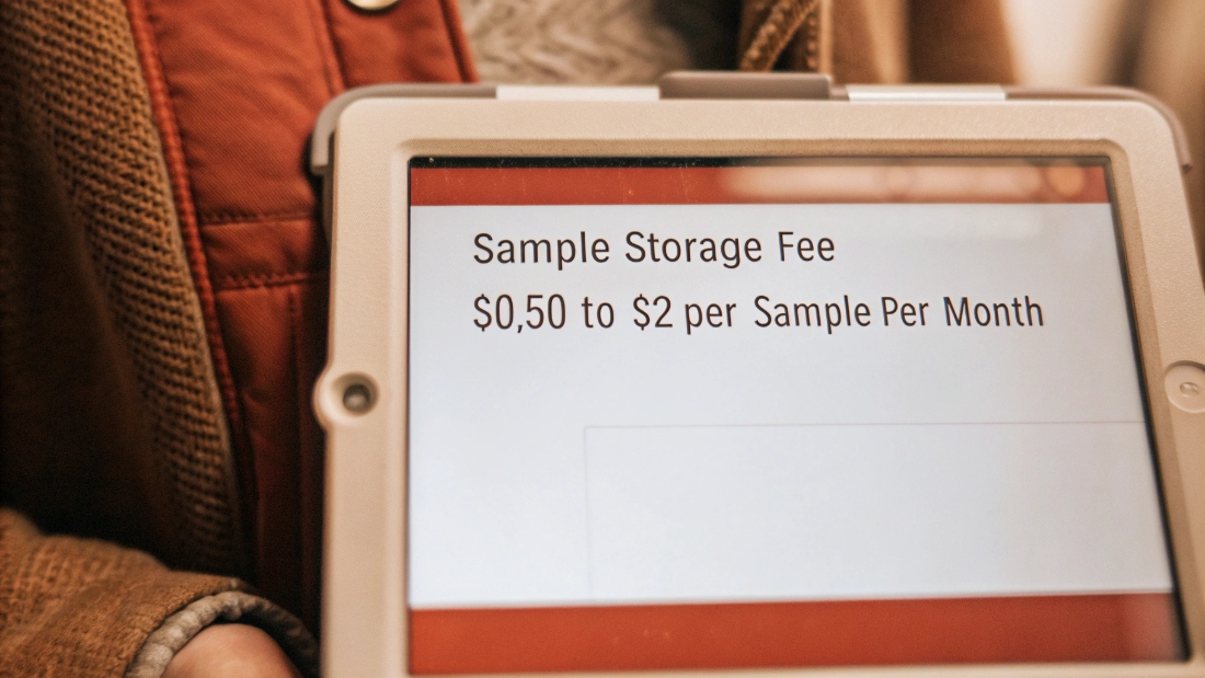 Transparent Sample Storage Fees A digital invoice on a tablet showing a line item for "Sample Storage Fee" with a clear, low price.