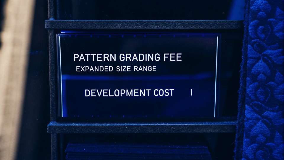 Transparent Pricing for Pattern Adjustments A sample invoice clearly itemizing a one-time 'Pattern Grading Fee'.