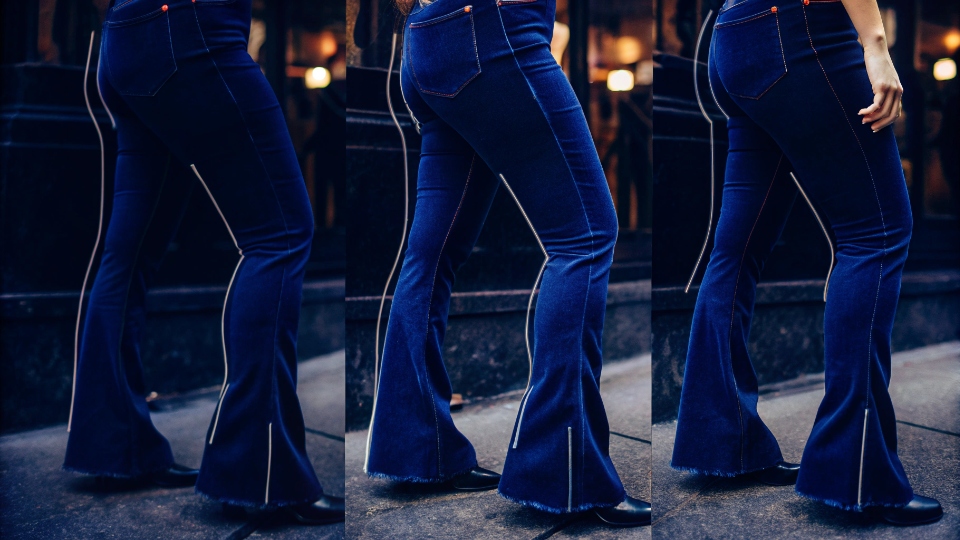 The Flattering Silhouette of Bell-Bottom Jeans An illustration showing how the flare shape of bell-bottoms balances the hips and creates an illusion of a longer leg.
