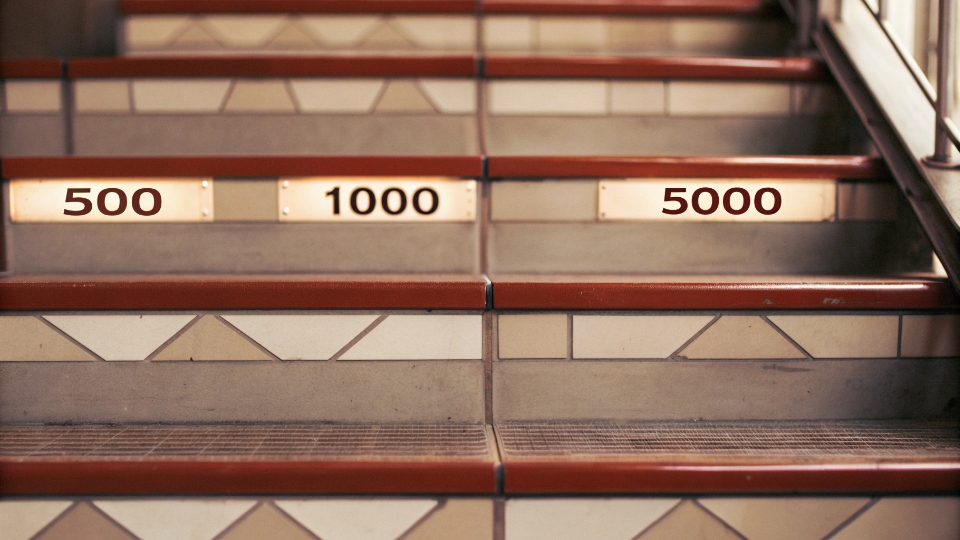 Pricing Tiers for Bundled Jeans A staircase graphic with different volume numbers (500, 1000, 5000) on each step, and a progressively lower price on the step above it.