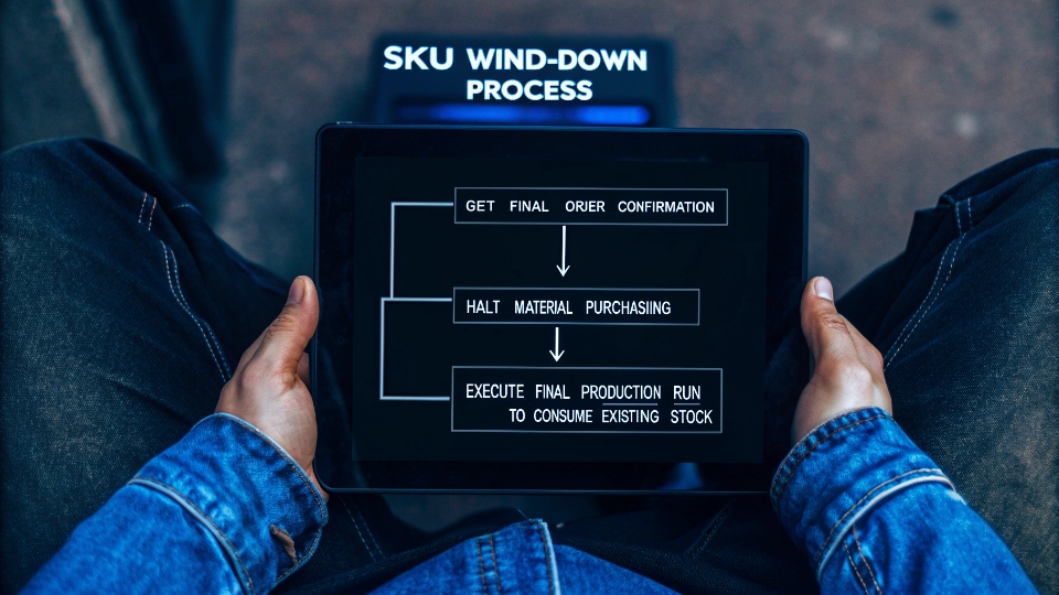 Process for Winding Down a SKU A clear flowchart or checklist diagram titled 'SKU Wind-Down Process' shown on a tablet.