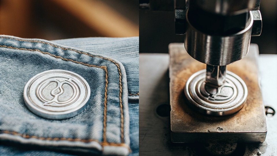 MOQ for Custom Hardware Die Creation A custom metal die used for stamping logos next to a finished jean button with a clear brand logo