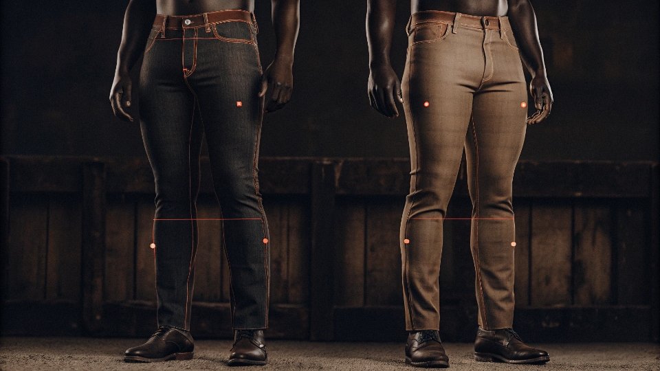 Accurate Virtual Fit Simulation for Jeans A 3D avatar wearing virtual jeans with heat maps showing areas of tension and ease, demonstrating fit accuracy.