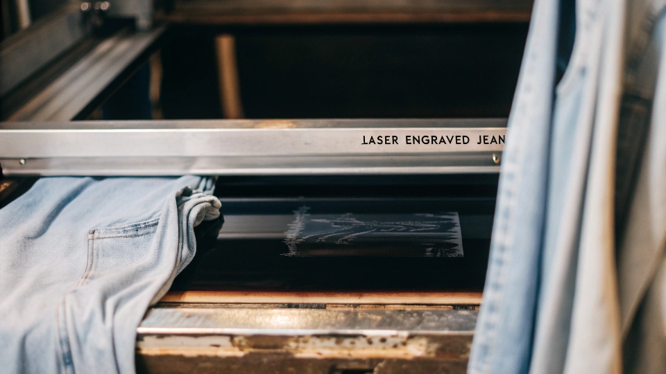 Clean Edges on Laser Engraved Denim A laser-engraved jean showing a crisp, sharp-edged logo next to a dark, untouched indigo area.