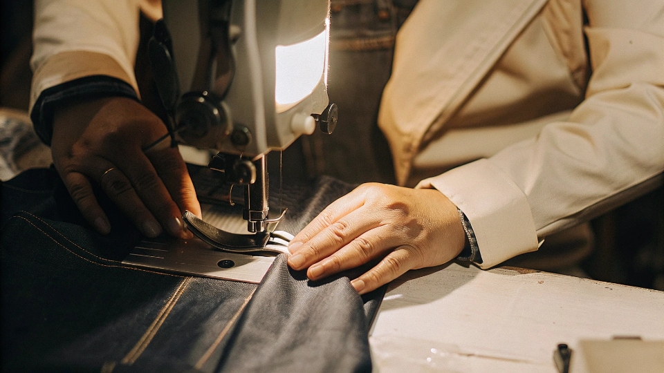Quality Control for Expedited Samples A quality control expert closely inspecting the stitching on a jean sample under bright light