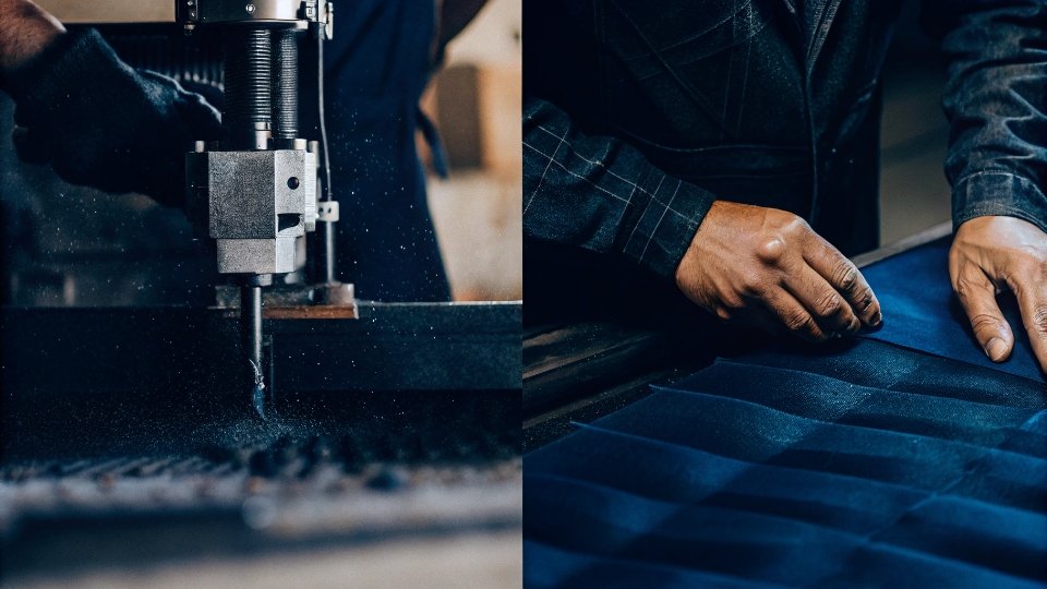 A split image showing an automated fabric cutter on one side and hands doing distressing on the other