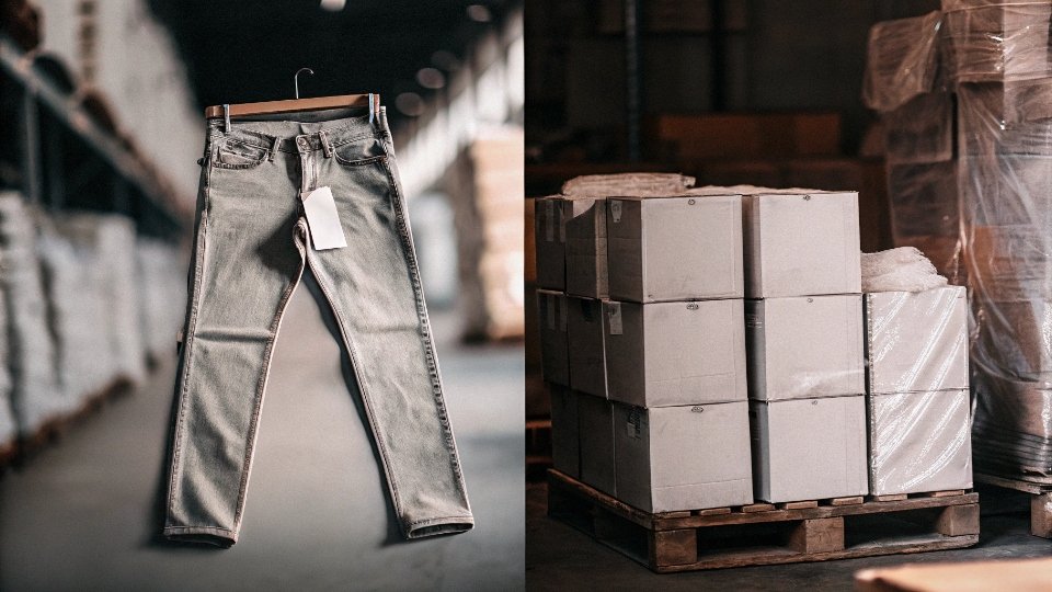 Retail vs. Wholesale Jeans Packaging Split image showing a single pair of jeans in branded retail packaging on a shelf, and bulk cartons of jeans on a pallet in a warehouse.