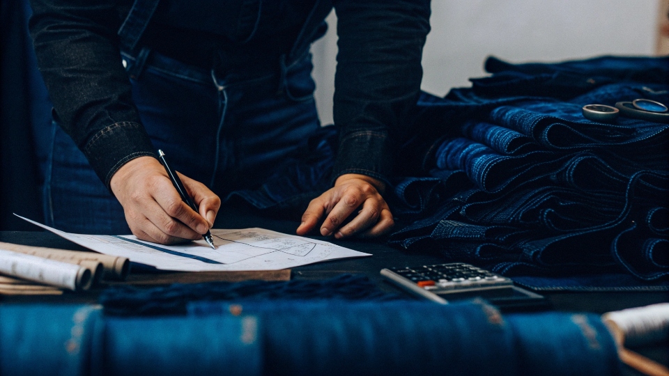 Investment for Jeans Pant Making A workspace with denim swatches, design sketches, a calculator, and a pile of money, symbolizing the cost of starting a jeans brand.