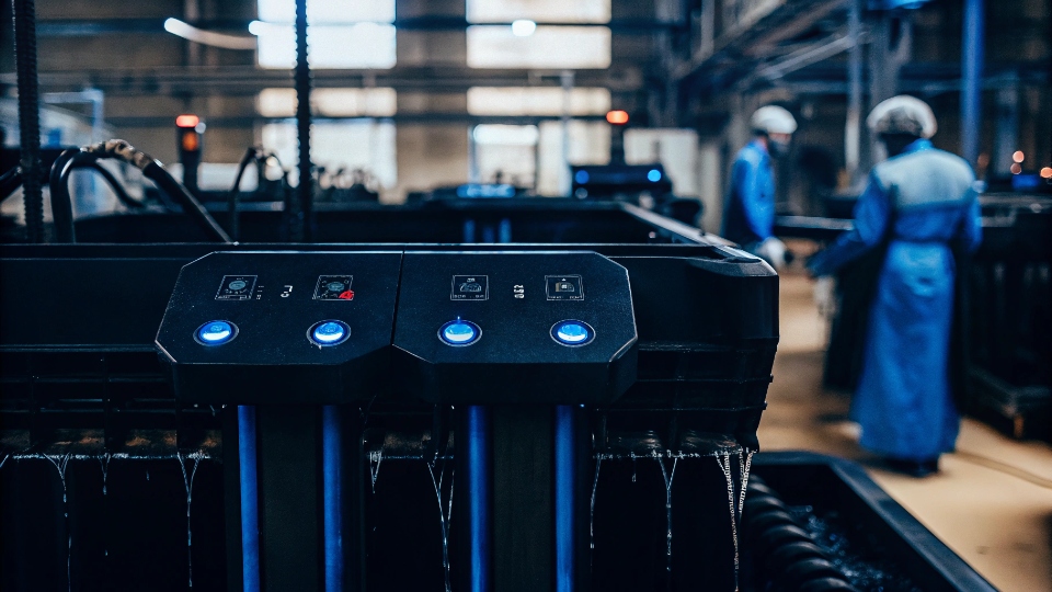 Sustainable Jeans Manufacturing Water Usage A modern, gleaming ozone washing machine in a clean factory setting.