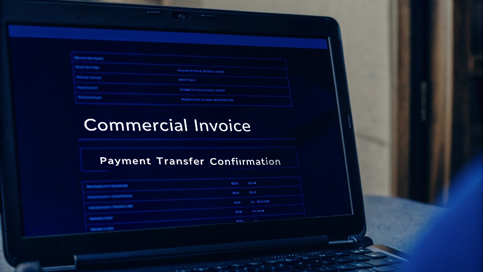 Cross-Border Payment Solutions for Custom Jeans A clear and professional commercial invoice next to a laptop showing a successful payment transfer confirmation.