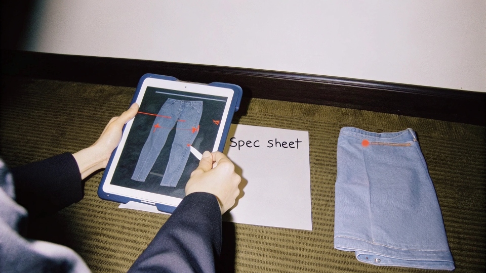 A person using a tablet to draw arrows and notes on a photo of a jean sample