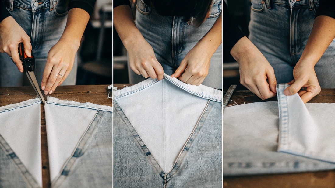How to Make Bell Bottom Jeans An infographic showing the steps of cutting a jean's seam and inserting a fabric panel.