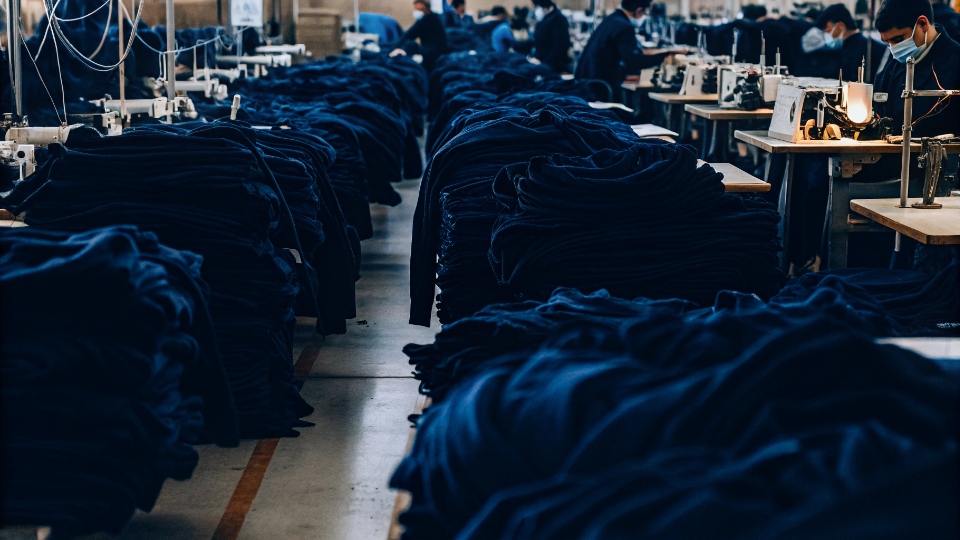 Finding a Custom Clothing Manufacturer A designer looking at fabric swatches and technical drawings with a factory manager.