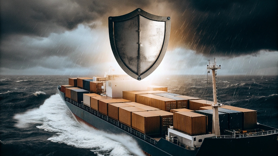 Cargo Insurance Coverage for Lost or Damaged Shipments A cargo ship sailing through a storm with a large insurance shield protecting it.